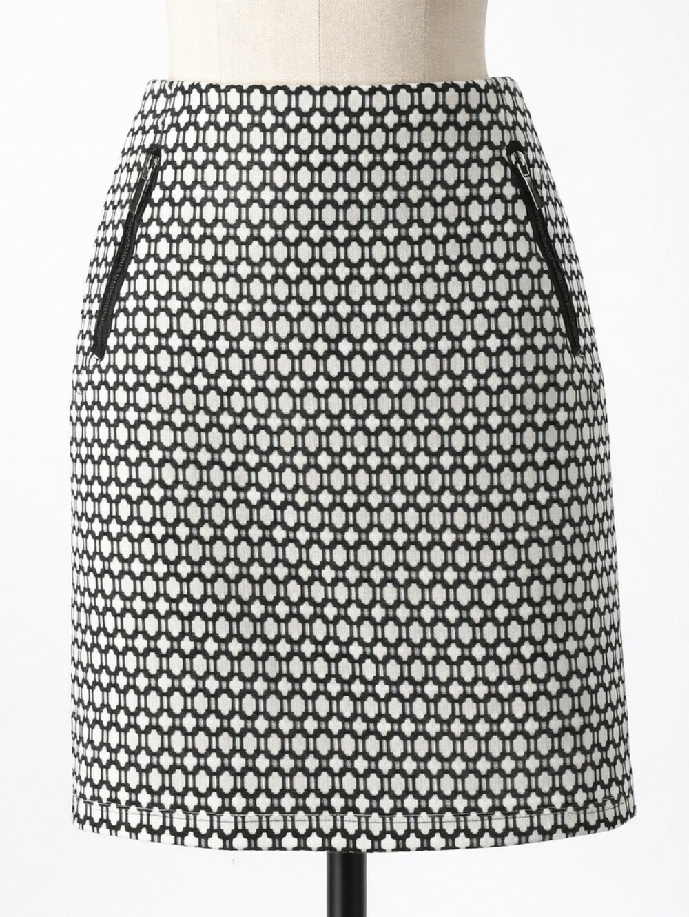 KENAR Black Ivory Geometric Skirt Cotton Workwear Mini Zipper Pockets • SIZE 10
